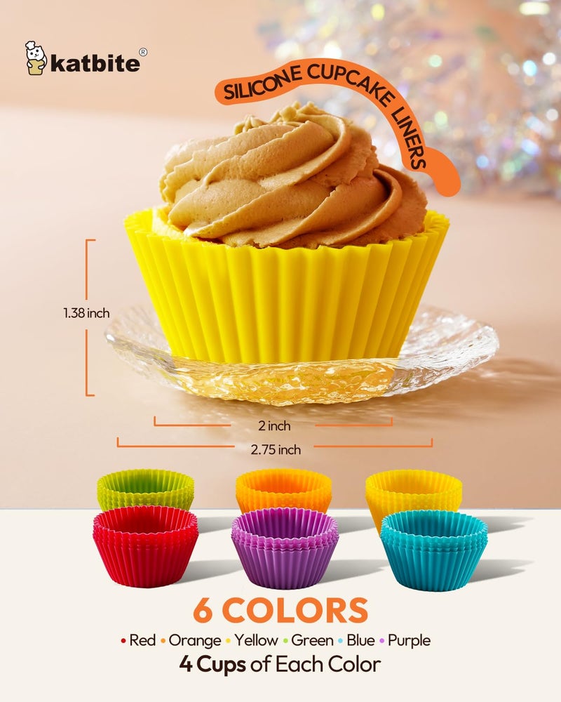 Katbite Silicone Cupcake Liners 24 Pack - Non-stick Silicone Muffin Liners Set, Thick & Heavy Duty Cupcake Molds - Perfect for Party Halloween Christmas Bakery Supplies, Multicolor - Image 3