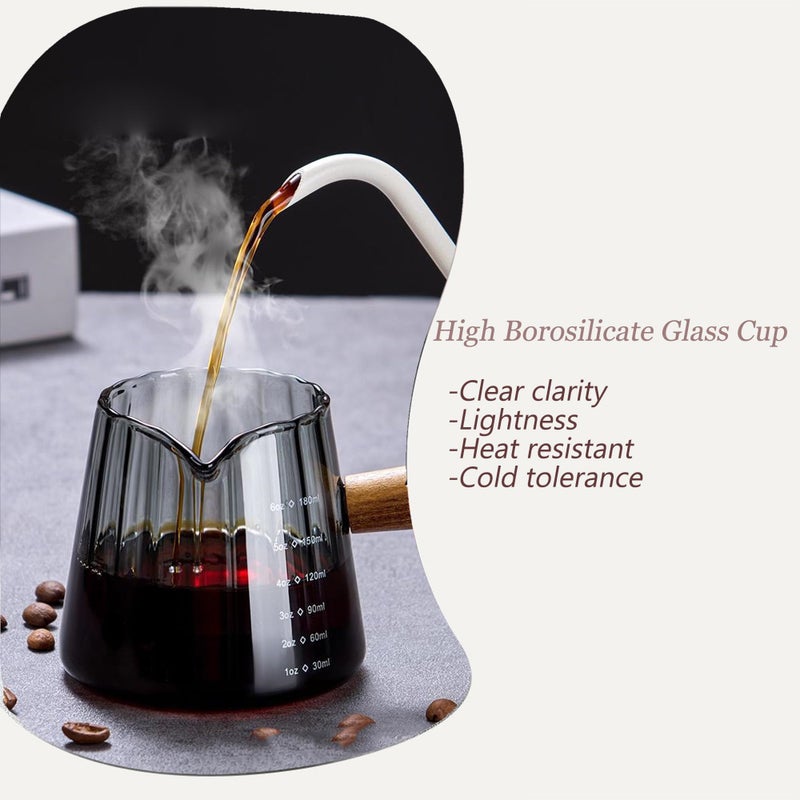 FANTESTICRYAN 6OZ Measuring Cup, Ribbed Borosilicate Glass Espresso Cup, V-Shaped Spout Drain Espresso Double Shots, Coffee Milk Tea Accessories (Dark Gray, Wood Handle) - Image 4