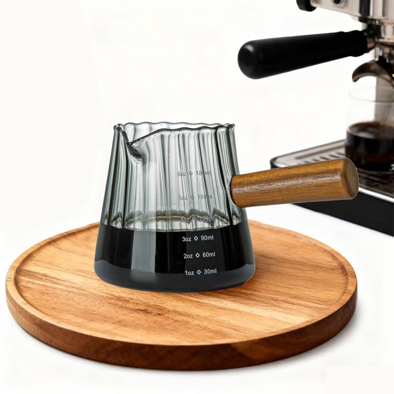 FANTESTICRYAN 6OZ Measuring Cup, Ribbed Borosilicate Glass Espresso Cup, V-Shaped Spout Drain Espresso Double Shots, Coffee Milk Tea Accessories (Dark Gray, Wood Handle) - Image 1