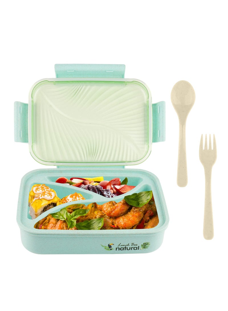 Adult Bento Lunch Box, 1100ML Leakproof Meal Prep Container with Utensils, Wheat Straw, Portion Control, Microwave & Dishwasher Safe, BPA Free - Perfect for On-the-Go Meals (Green) - Image 1