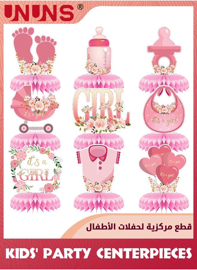 UNUNS Kids' Party Favors,9 Pcs Pink Baby Girl Honeycomb Centerpieces Table Decor,Gender Reveal Girl Baby Shower Floral Decor,Welcome Newborn Pattern Table Topper Ornaments,Birthday Party Decorations,Pink  - Image 1