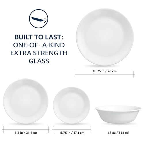 Corelle Vitrelle 8-Piece Service for 2 Dinnerware Set, Triple Layer Glass and Chip Resistant, Lightweight Round Plates and Bowls Set, Winter Frost White - Image 2