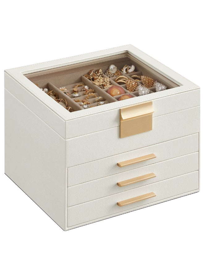 SONGMICS Jewellery Box with Glass Lid, 4-Layer Jewellery Organiser with 3 Drawers, Jewellery Storage, Plenty of Storage, Modern, Gift Idea, 20.3 x 23.1 x 16.5 cm, Cloud White and Gold - Image 1