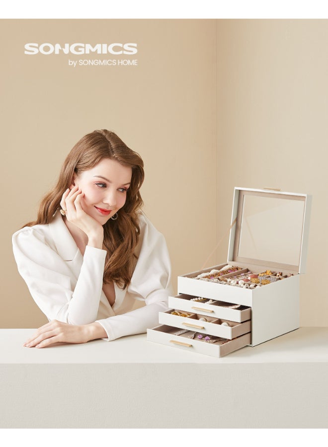 SONGMICS Jewellery Box with Glass Lid, 4-Layer Jewellery Organiser with 3 Drawers, Jewellery Storage, Plenty of Storage, Modern, Gift Idea, 20.3 x 23.1 x 16.5 cm, Cloud White and Gold - Image 2