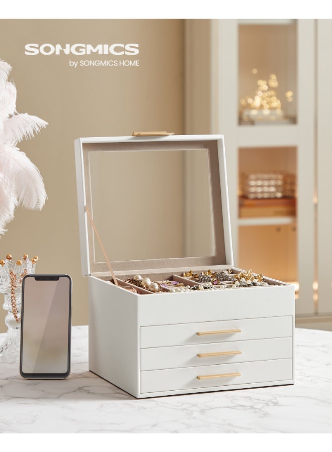 SONGMICS Jewellery Box with Glass Lid, 4-Layer Jewellery Organiser with 3 Drawers, Jewellery Storage, Plenty of Storage, Modern, Gift Idea, 20.3 x 23.1 x 16.5 cm, Cloud White and Gold - Image 3