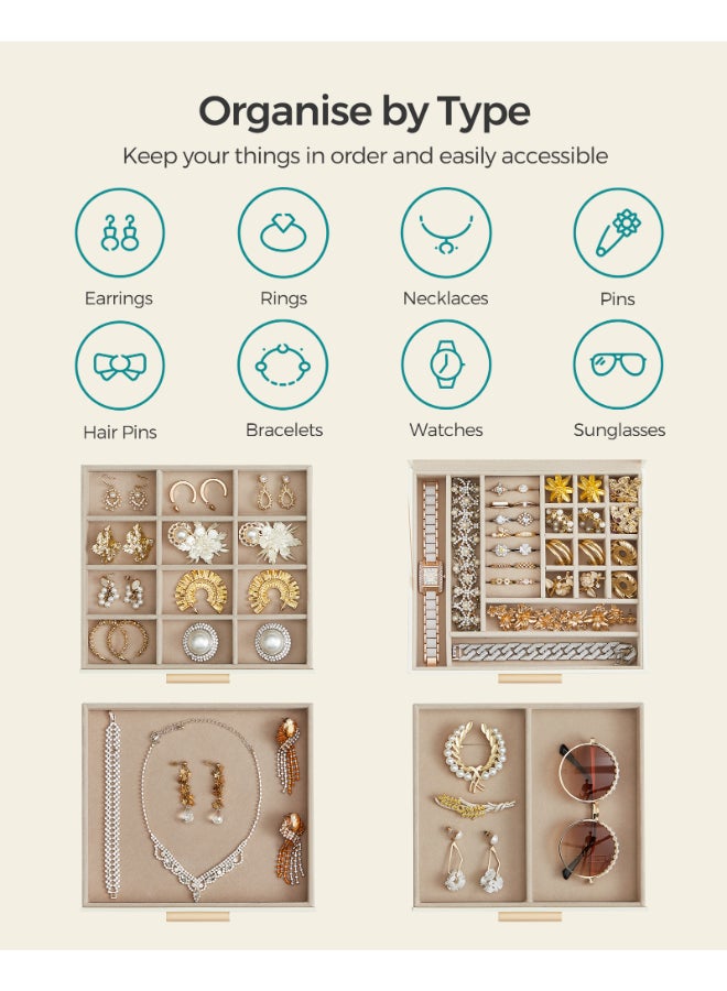 SONGMICS Jewellery Box with Glass Lid, 4-Layer Jewellery Organiser with 3 Drawers, Jewellery Storage, Plenty of Storage, Modern, Gift Idea, 20.3 x 23.1 x 16.5 cm, Cloud White and Gold - Image 4