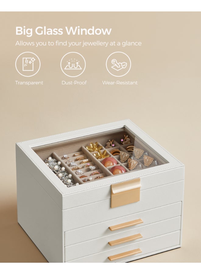 SONGMICS Jewellery Box with Glass Lid, 4-Layer Jewellery Organiser with 3 Drawers, Jewellery Storage, Plenty of Storage, Modern, Gift Idea, 20.3 x 23.1 x 16.5 cm, Cloud White and Gold - Image 5