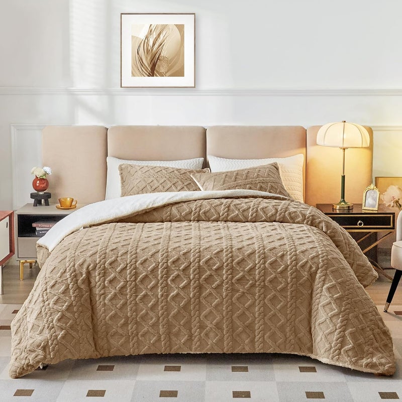 Joyreap 3-Piece Fluffy Faux Fur Sherpa Comforter Set Coffee, Twin Size Luxury Tufted Bedding Comforter Set, All Season Soft n Cozy Plush Comforter Bed Set- 68x86 inches - Image 2