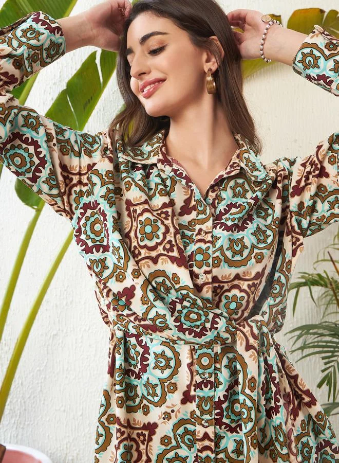 SASSAFRAS Motif Print Tie Up Shirt & Wide Leg Pants Co-Ord by Styli