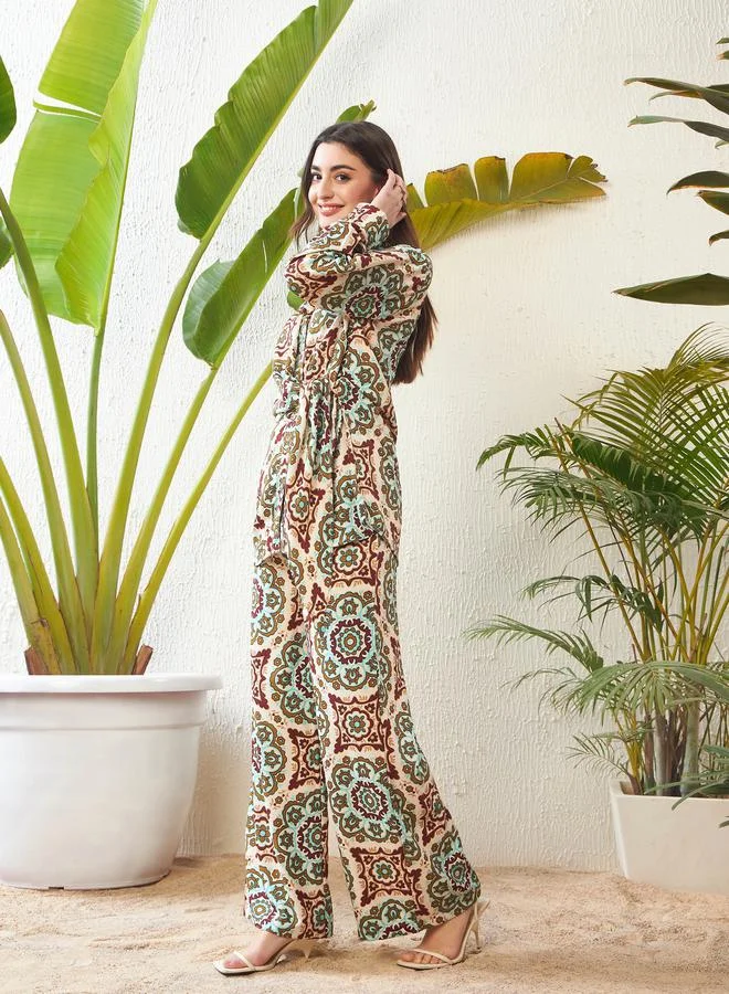 SASSAFRAS Motif Print Tie Up Shirt & Wide Leg Pants Co-Ord by Styli