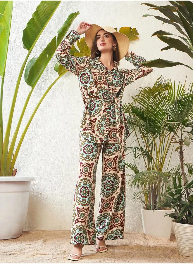 SASSAFRAS Motif Print Tie Up Shirt & Wide Leg Pants Co-Ord by Styli