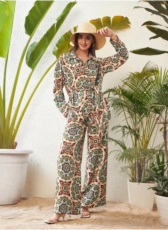 SASSAFRAS Motif Print Tie Up Shirt & Wide Leg Pants Co-Ord by Styli