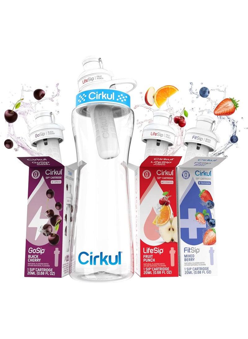 22 oz Plastic Water Bottle Starter Kit with Comfort Grip Lid & 3 Flavor Cartridges (Fruit Punch, Mixed Berry, Black Cherry) (Blue & Clear)