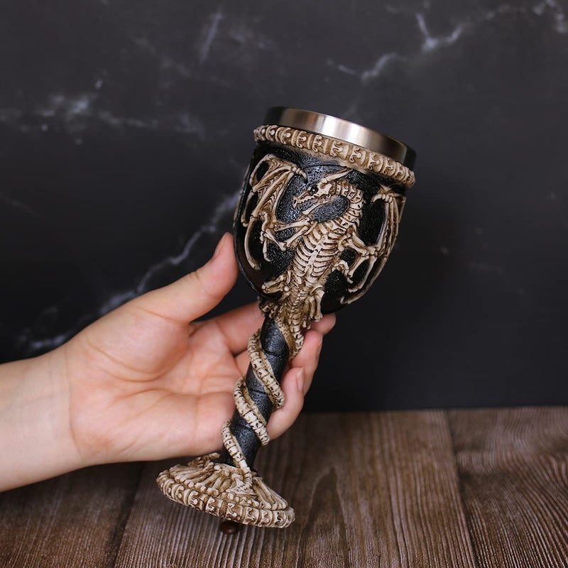 OTARTU Stainless Steel Medieval Dragon Chalice Goblet, Gothic Dragon Skeleton Ossuary Wine Cups 7oz. - Image 3