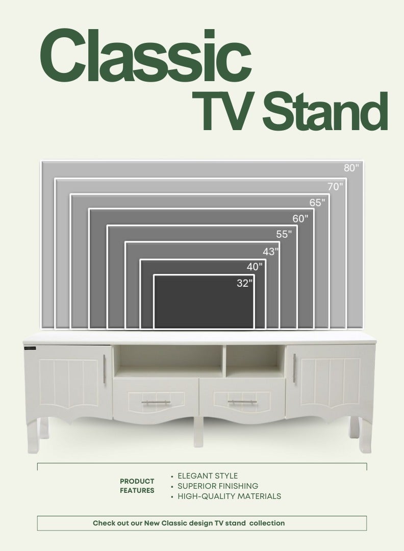 اي اف تي Elevate your living space with our elegant Classic MDF TV Stand / table / rack, designed to blend seamlessly with any decor style while providing ample storage and functionality. Crafted from high-quality MDF, this TV stand ensures durability and a timeless aesthetic. Equipped with two side doors, this TV stand offers generous storage space for media equipment, games, and other essentials. The doors provide a sleek look while keeping your items organized and out of sight. Perfect for Living Rooms and Entertainment Spaces, Ideal for Home Theaters and Media Rooms, Offering Stylish Storage Solutions for TVs Up to 80 Inches. Enjoy movie nights, gaming sessions, and family gatherings in style. (white) - Image 3