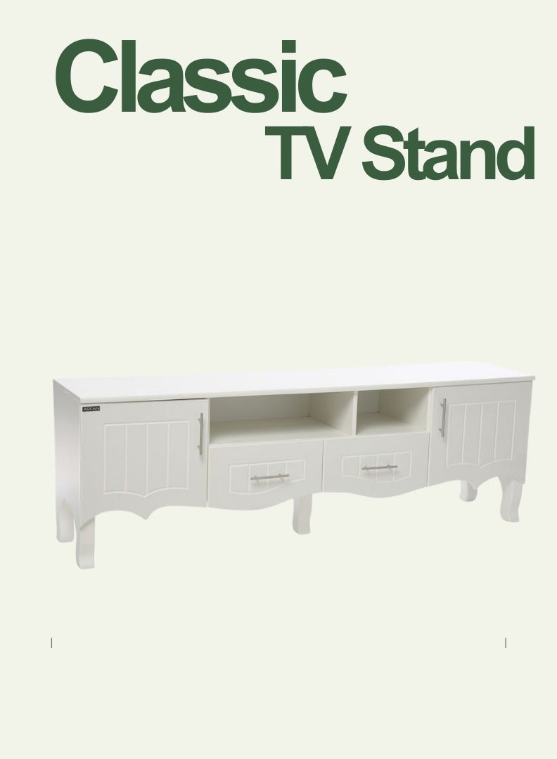 اي اف تي Elevate your living space with our elegant Classic MDF TV Stand / table / rack, designed to blend seamlessly with any decor style while providing ample storage and functionality. Crafted from high-quality MDF, this TV stand ensures durability and a timeless aesthetic. Equipped with two side doors, this TV stand offers generous storage space for media equipment, games, and other essentials. The doors provide a sleek look while keeping your items organized and out of sight. Perfect for Living Rooms and Entertainment Spaces, Ideal for Home Theaters and Media Rooms, Offering Stylish Storage Solutions for TVs Up to 80 Inches. Enjoy movie nights, gaming sessions, and family gatherings in style. (white) - Image 5