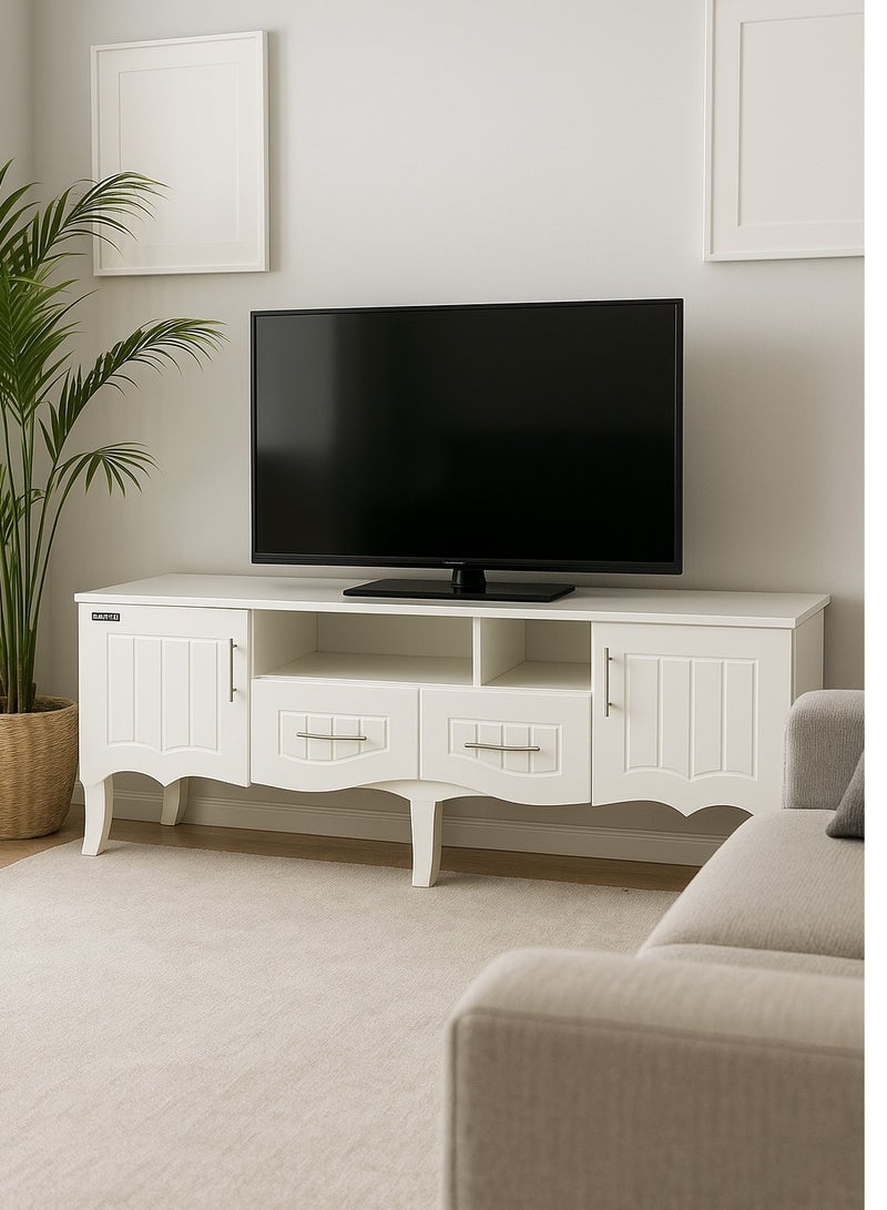 اي اف تي Elevate your living space with our elegant Classic MDF TV Stand / table / rack, designed to blend seamlessly with any decor style while providing ample storage and functionality. Crafted from high-quality MDF, this TV stand ensures durability and a timeless aesthetic. Equipped with two side doors, this TV stand offers generous storage space for media equipment, games, and other essentials. The doors provide a sleek look while keeping your items organized and out of sight. Perfect for Living Rooms and Entertainment Spaces, Ideal for Home Theaters and Media Rooms, Offering Stylish Storage Solutions for TVs Up to 80 Inches. Enjoy movie nights, gaming sessions, and family gatherings in style. (white) - Image 1