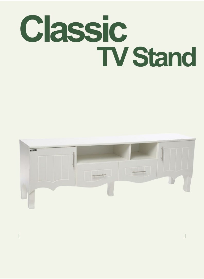 AFT - Elevate your living space with our elegant Classic MDF TV Stand / table / rack, designed to blend seamlessly with any decor style while providing ample storage and functionality. Crafted from high-quality MDF, this TV stand ensures durability and a timeless aesthetic. Equipped with two side doors, this TV stand offers generous storage space for media equipment, games, and other essentials. The doors provide a sleek look while keeping your items organized and out of sight. Perfect for Living Rooms and Entertainment Spaces, Ideal for Home Theaters and Media Rooms, Offering Stylish Storage Solutions for TVs Up to 80 Inches. Enjoy movie nights, gaming sessions, and family gatherings in style. (white) Arfan - Image 1