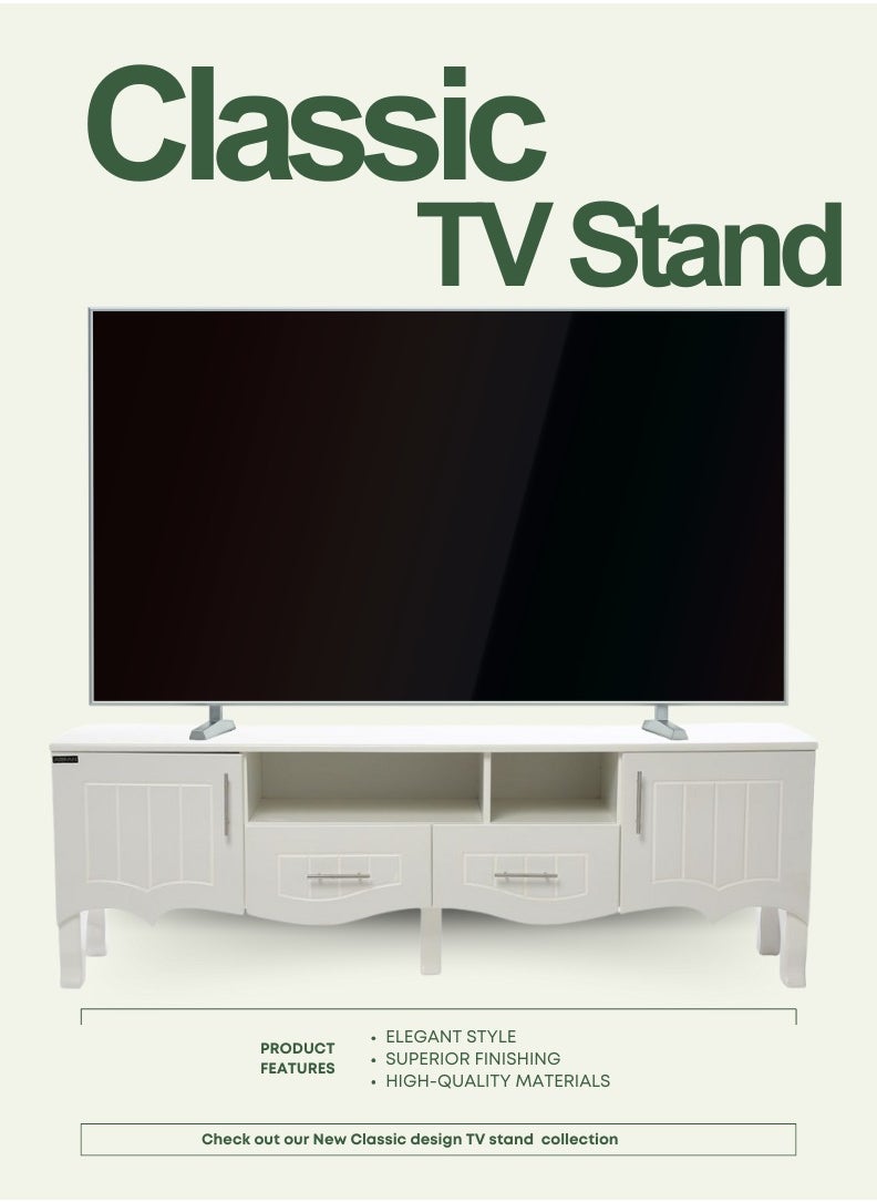 AFT - Elevate your living space with our elegant Classic MDF TV Stand / table / rack, designed to blend seamlessly with any decor style while providing ample storage and functionality. Crafted from high-quality MDF, this TV stand ensures durability and a timeless aesthetic. Equipped with two side doors, this TV stand offers generous storage space for media equipment, games, and other essentials. The doors provide a sleek look while keeping your items organized and out of sight. Perfect for Living Rooms and Entertainment Spaces, Ideal for Home Theaters and Media Rooms, Offering Stylish Storage Solutions for TVs Up to 80 Inches. Enjoy movie nights, gaming sessions, and family gatherings in style. (white) Arfan - Image 1