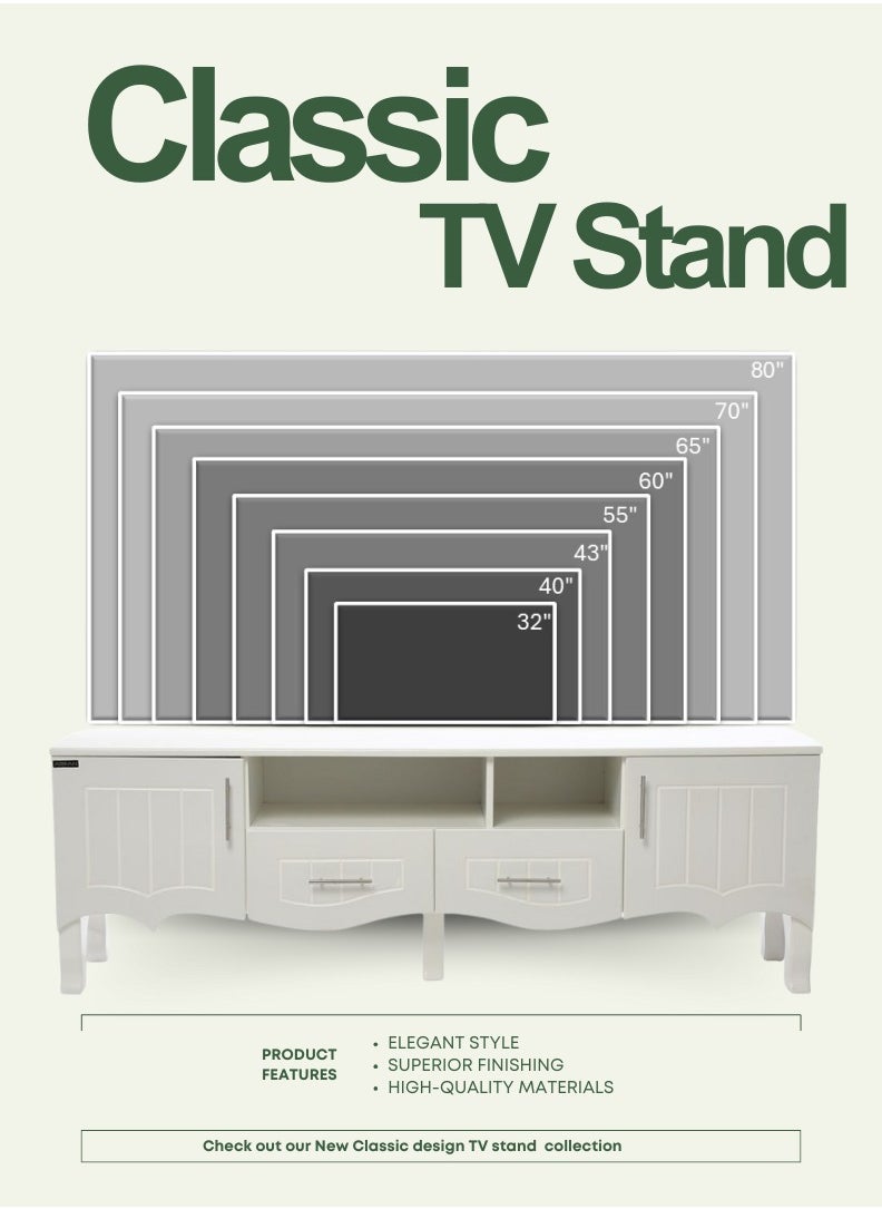 AFT - Elevate your living space with our elegant Classic MDF TV Stand / table / rack, designed to blend seamlessly with any decor style while providing ample storage and functionality. Crafted from high-quality MDF, this TV stand ensures durability and a timeless aesthetic. Equipped with two side doors, this TV stand offers generous storage space for media equipment, games, and other essentials. The doors provide a sleek look while keeping your items organized and out of sight. Perfect for Living Rooms and Entertainment Spaces, Ideal for Home Theaters and Media Rooms, Offering Stylish Storage Solutions for TVs Up to 80 Inches. Enjoy movie nights, gaming sessions, and family gatherings in style. (white) Arfan - Image 1
