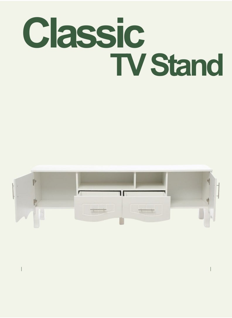 AFT - Elevate your living space with our elegant Classic MDF TV Stand / table / rack, designed to blend seamlessly with any decor style while providing ample storage and functionality. Crafted from high-quality MDF, this TV stand ensures durability and a timeless aesthetic. Equipped with two side doors, this TV stand offers generous storage space for media equipment, games, and other essentials. The doors provide a sleek look while keeping your items organized and out of sight. Perfect for Living Rooms and Entertainment Spaces, Ideal for Home Theaters and Media Rooms, Offering Stylish Storage Solutions for TVs Up to 80 Inches. Enjoy movie nights, gaming sessions, and family gatherings in style. (white) Arfan - Image 1