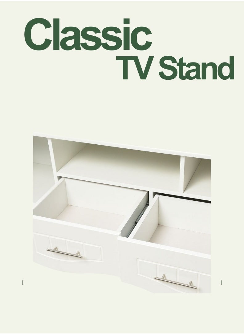 AFT - Elevate your living space with our elegant Classic MDF TV Stand / table / rack, designed to blend seamlessly with any decor style while providing ample storage and functionality. Crafted from high-quality MDF, this TV stand ensures durability and a timeless aesthetic. Equipped with two side doors, this TV stand offers generous storage space for media equipment, games, and other essentials. The doors provide a sleek look while keeping your items organized and out of sight. Perfect for Living Rooms and Entertainment Spaces, Ideal for Home Theaters and Media Rooms, Offering Stylish Storage Solutions for TVs Up to 80 Inches. Enjoy movie nights, gaming sessions, and family gatherings in style. (white) Arfan - Image 1