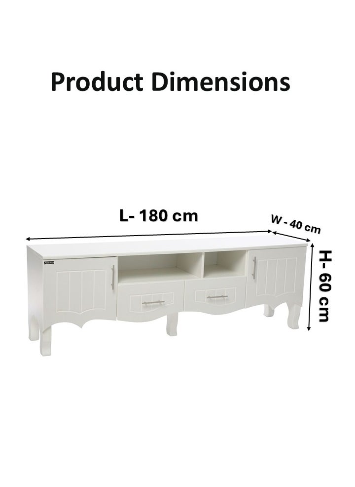 AFT - Elevate your living space with our elegant Classic MDF TV Stand / table / rack, designed to blend seamlessly with any decor style while providing ample storage and functionality. Crafted from high-quality MDF, this TV stand ensures durability and a timeless aesthetic. Equipped with two side doors, this TV stand offers generous storage space for media equipment, games, and other essentials. The doors provide a sleek look while keeping your items organized and out of sight. Perfect for Living Rooms and Entertainment Spaces, Ideal for Home Theaters and Media Rooms, Offering Stylish Storage Solutions for TVs Up to 80 Inches. Enjoy movie nights, gaming sessions, and family gatherings in style. (white) Arfan - Image 1