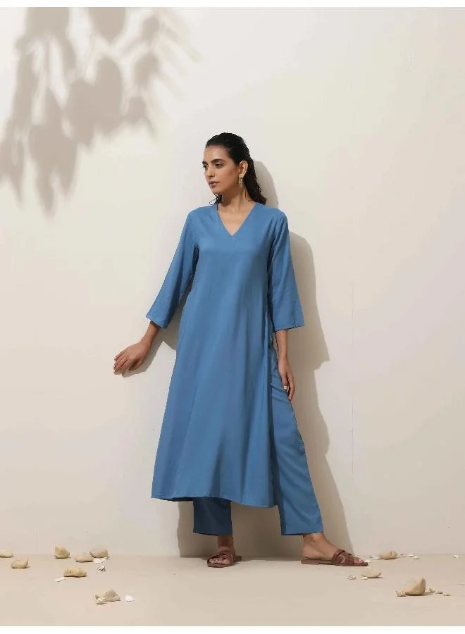 trueBrowns trueBrowns Blue Viscose Kurta Pant Set