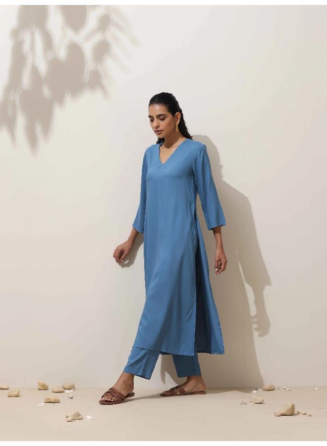 trueBrowns Blue Viscose Kurta Pant Set - Image 3