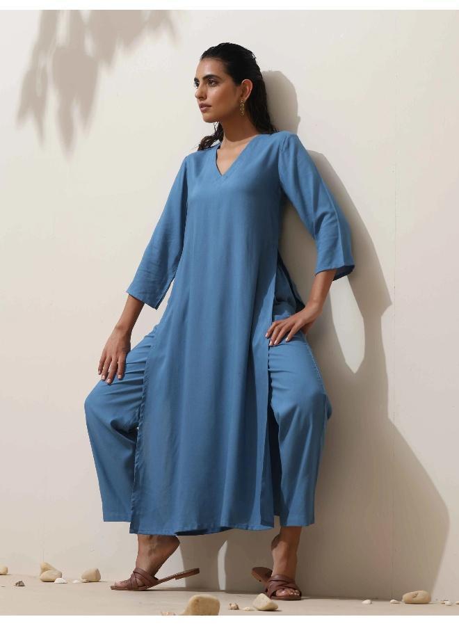 trueBrowns Blue Viscose Kurta Pant Set - Image 1