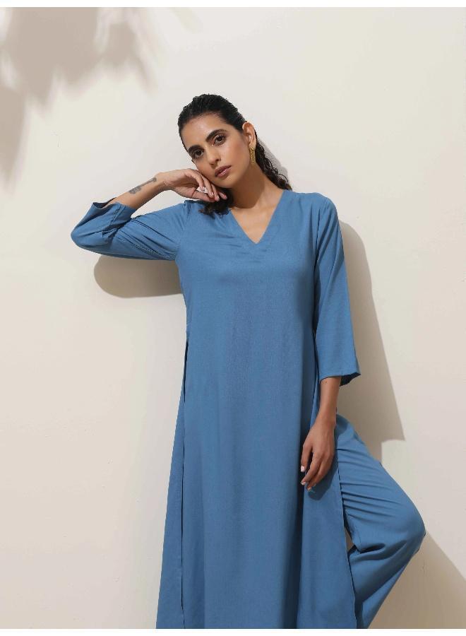 trueBrowns Blue Viscose Kurta Pant Set - Image 5