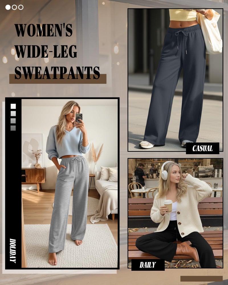 Riyiper 3 Pack Women Wide Leg Sweatpants Drawstring Straight Pants Elastic Waist Joggers Open Bottom Sweatpants with Pockets(Light Gray, Dark Gray, Black,L) - Image 2