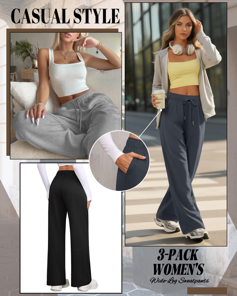Riyiper 3 Pack Women Wide Leg Sweatpants Drawstring Straight Pants Elastic Waist Joggers Open Bottom Sweatpants with Pockets(Light Gray, Dark Gray, Black,L) - Image 4