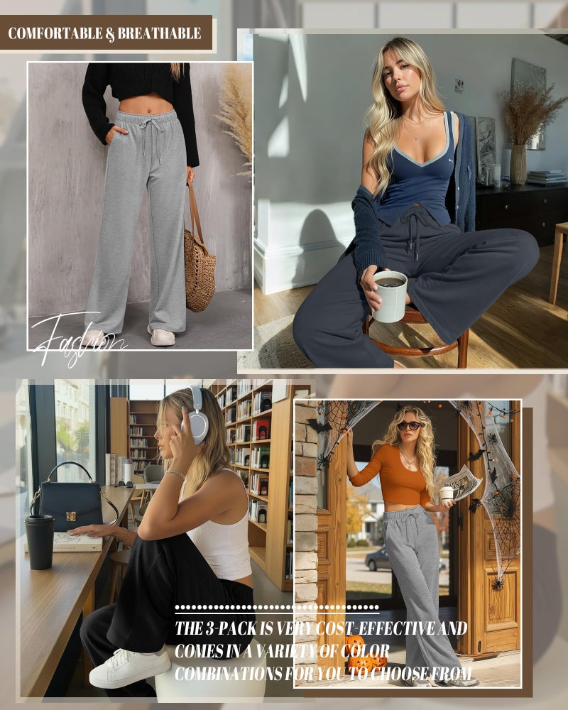 Riyiper 3 Pack Women Wide Leg Sweatpants Drawstring Straight Pants Elastic Waist Joggers Open Bottom Sweatpants with Pockets(Light Gray, Dark Gray, Black,L) - Image 5