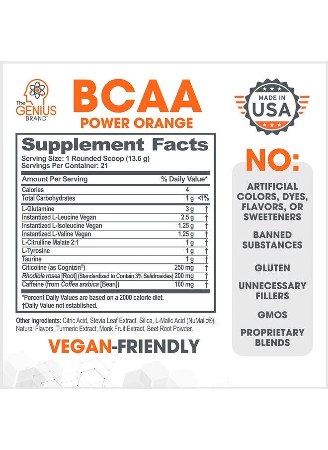 The Genius Brand - Genius Bcaa Energy Powder Orange Nootropic Amino Acids & Muscle Recovery Natural Vegan Bcaas Workout Supplement For Women & Men (Pre Intra & Post Workout) No Artificial Sweeteners - Image 1