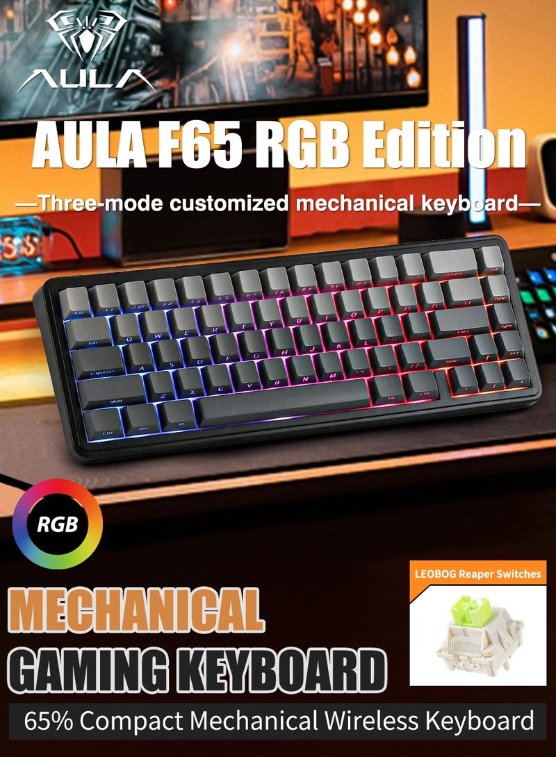 AULA F65 65% Wireless Mechanical Keyboard, Hot Swappable Gasket Custom Gaming Keyboard with Five-Layer Padding, RGB Backlit, Bluetooth/2.4GHz/USB-C (Black, Reaper Switch) - Image 1