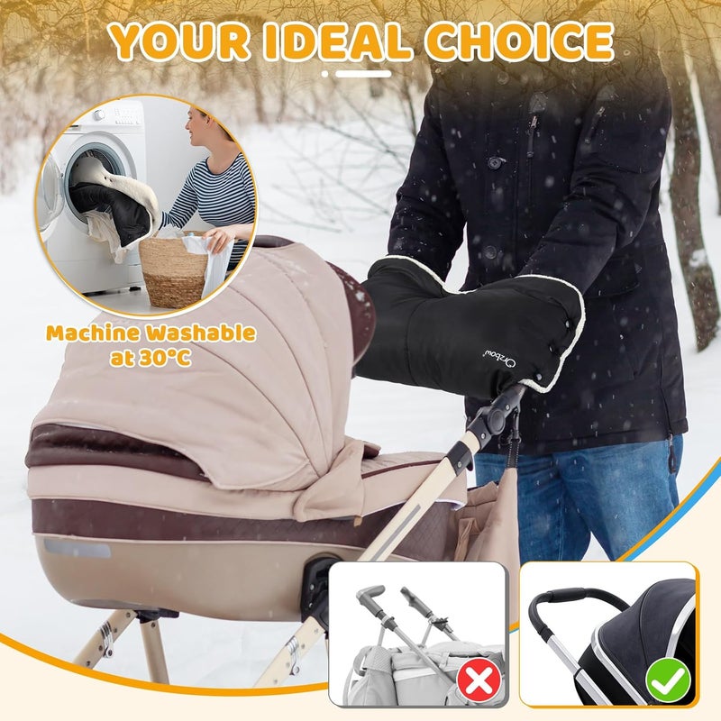 Orzbow Winter Stroller Gloves Waterproof Mittens for Cold Weather With Berber Fleece Universal Antifreeze Hand Muffs Easily Attaches to Stroller for Parents and Caregivers Cozy  Warm Black - Image 2
