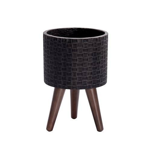 D'vine Dev 8 Inch Modern Geometric Tile Patterned Sleek Planter Pot with Stand, Indoor Outdoor Decorative Plant Holder, Distressed Black, 88-Z-A-5 - Image 1