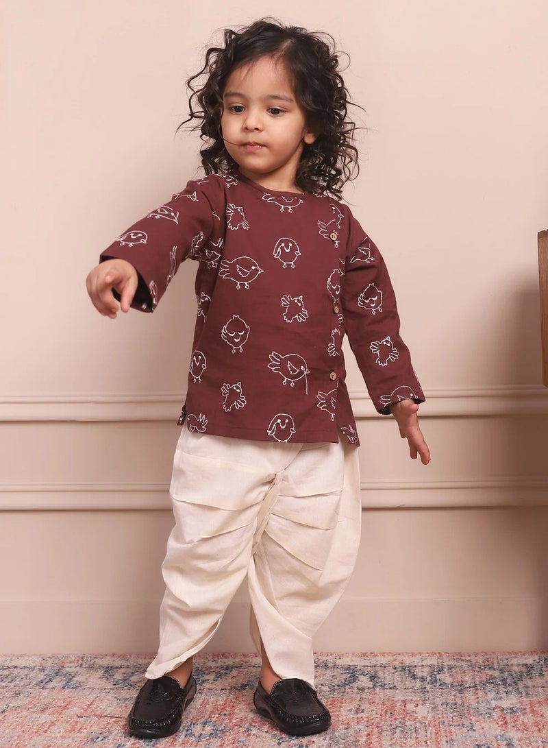 Polka Tots Polka Tots Full Sleeves Birds Embroidery Angrakha with Dhoti - Wine (9M - 12M)  - Image 1
