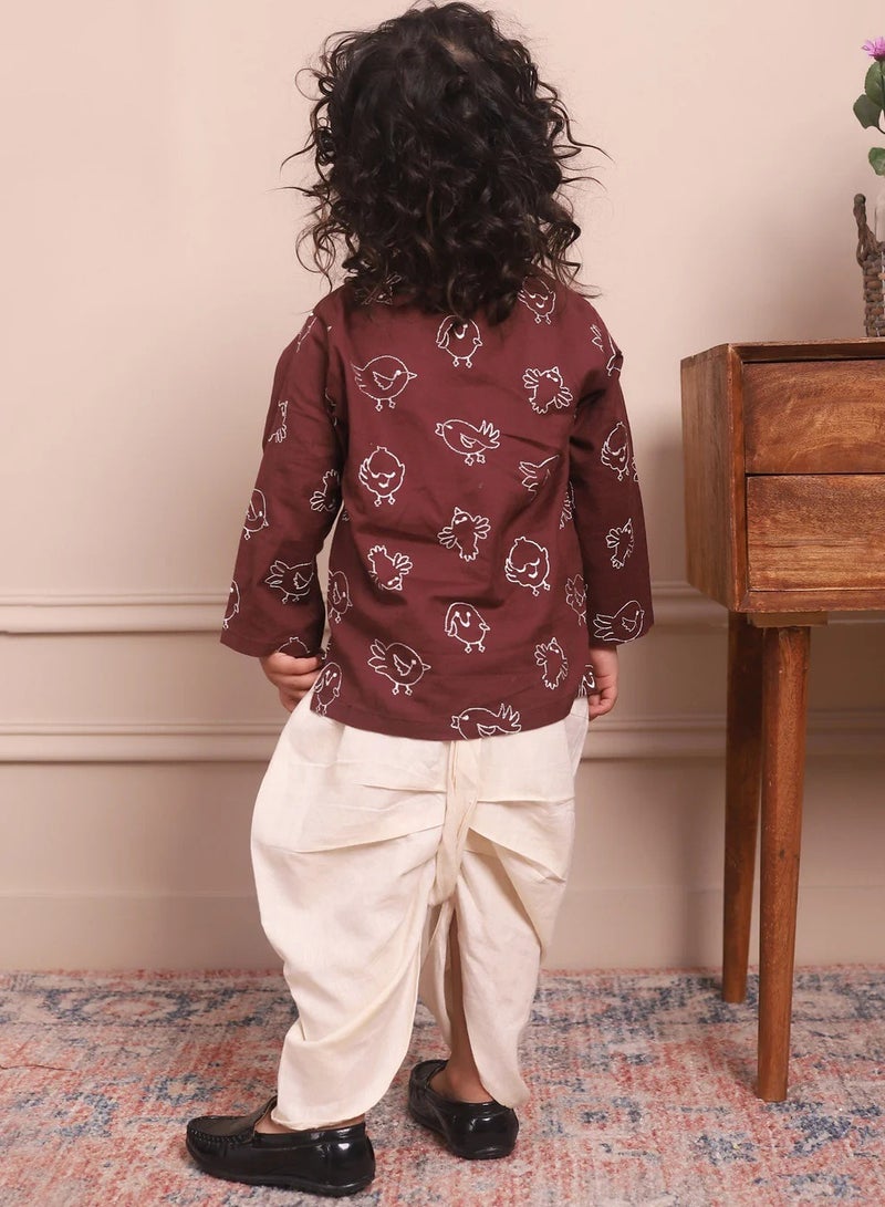 Polka Tots Polka Tots Full Sleeves Birds Embroidery Angrakha with Dhoti - Wine (9M - 12M)  - Image 4