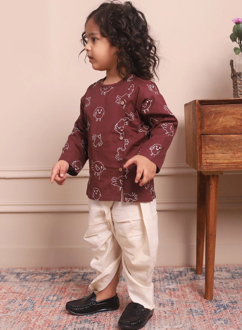 Polka Tots Polka Tots Full Sleeves Birds Embroidery Angrakha with Dhoti - Wine (9M - 12M)  - Image 5