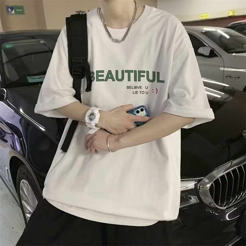 Summer new Hong Kong style chic short sleeve T-shirt men Harajuku round neck simple printed top trendy half sleeve women - Image 3