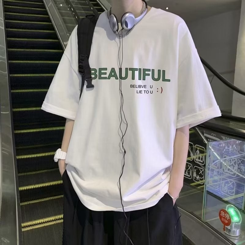 Summer new Hong Kong style chic short sleeve T-shirt men Harajuku round neck simple printed top trendy half sleeve women - Image 2
