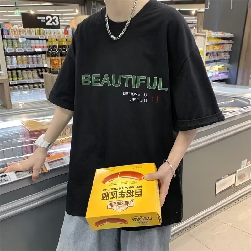 Summer new Hong Kong style chic short sleeve T-shirt men Harajuku round neck simple printed top trendy half sleeve women - Image 1