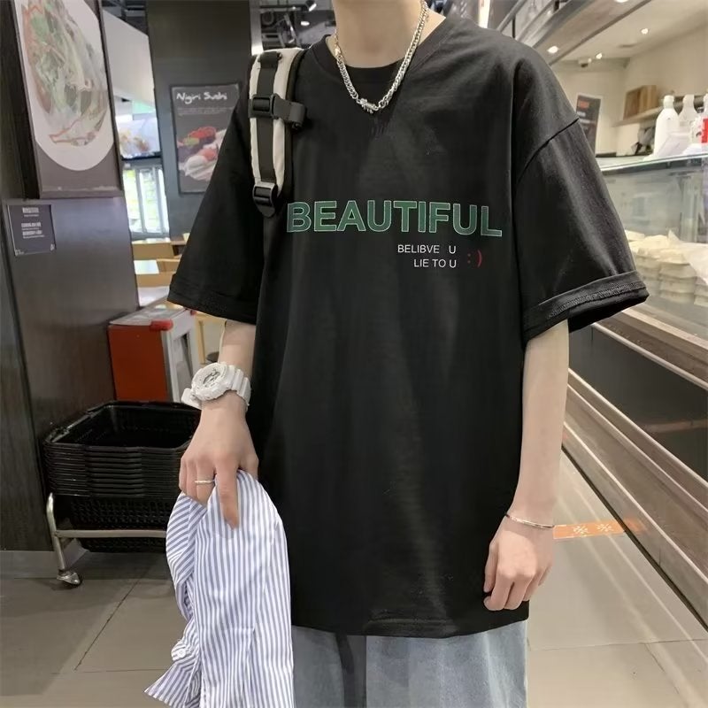 Summer new Hong Kong style chic short sleeve T-shirt men Harajuku round neck simple printed top trendy half sleeve women - Image 5