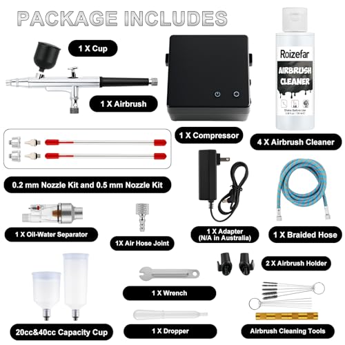 Roizefar Airbrush Kit with Compressor, 55 PSI Non-Clogging Air Brush Painting Set with 4x3.38 fl oz Cleaner, 0.2/0.3/0.5mm Nozzles & Cleaning Brush, Ideal for Painting, Modeling, Nail Art, Makeup - Image 2