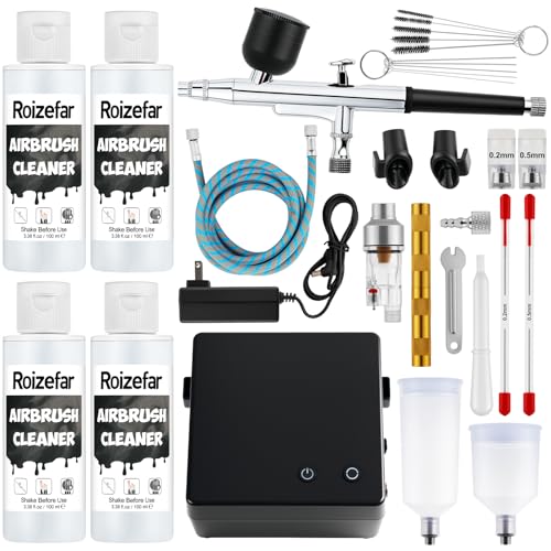 Roizefar Airbrush Kit with Compressor, 55 PSI Non-Clogging Air Brush Painting Set with 4x3.38 fl oz Cleaner, 0.2/0.3/0.5mm Nozzles & Cleaning Brush, Ideal for Painting, Modeling, Nail Art, Makeup - Image 1