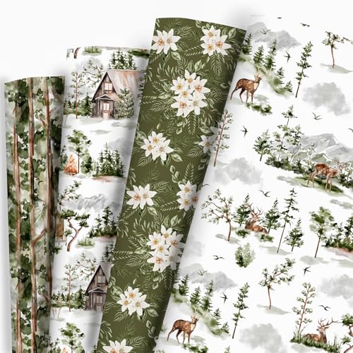 Vnaaem Forest Wrapping Paper 4 Watercolor Holiday Style Gift Wrap Paper Bulk Christmas Tree for Christmas Winter Wedding Baby Shower 20 X 28 Inches 8 Folded Sheet - Image 2