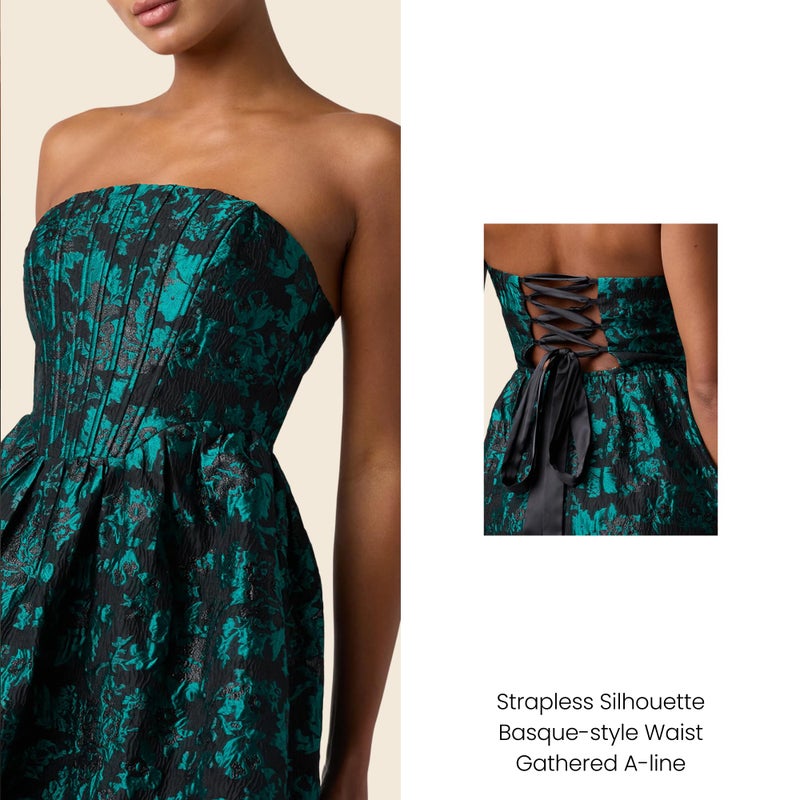 Lulus Ayla Jacquard Mini Dress Womenâ€™s Strapless Bustier Cocktail Dress with A-Line Skirt and Lace-Up Back, Size, Color Emerald - Image 2