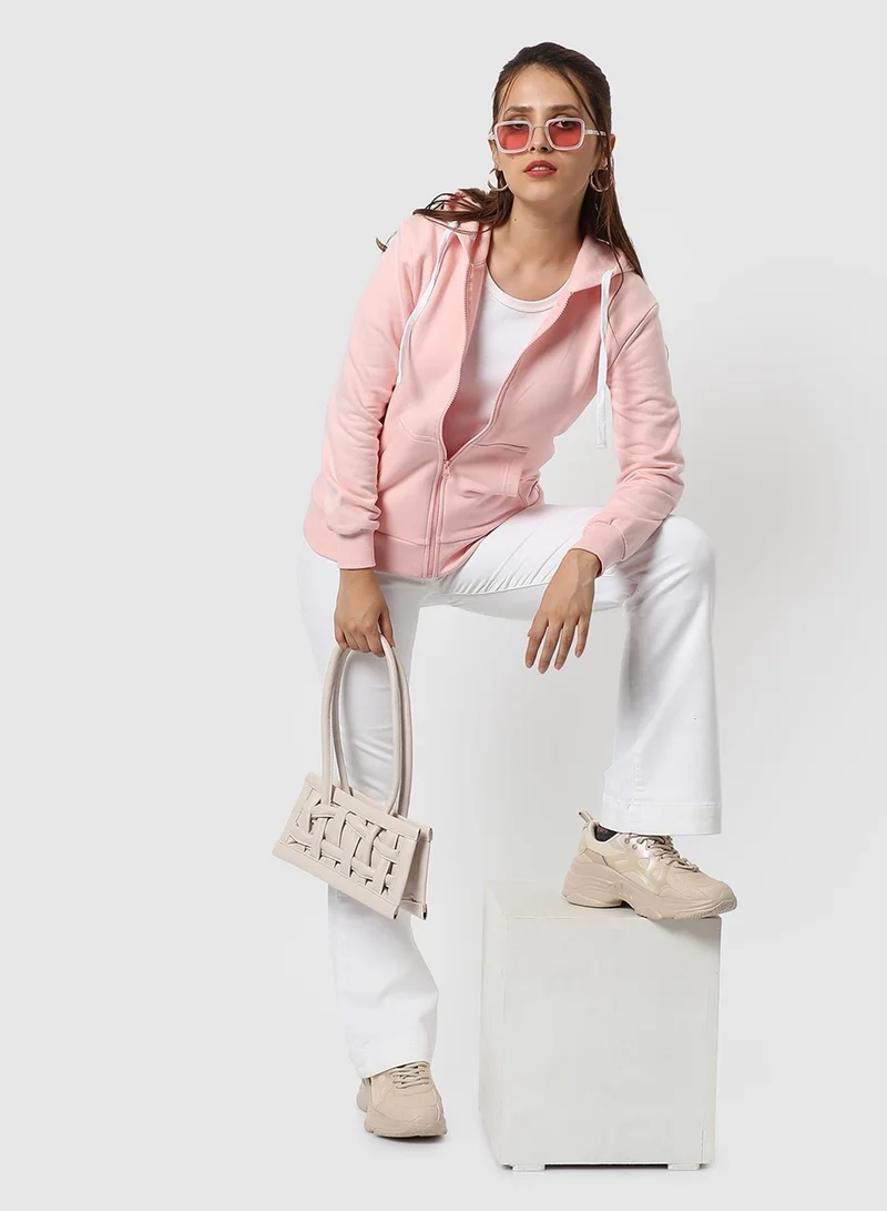 Pinacolada  Women's Baby Pink Solid Zip-Front Hoodie For Casual Wear | Hooded Neck | Long Cuffed Sleeves | Zipper Closure | Sweatshirt Crafted With Comfort Fit For Everyday Wear for Women | Best Price UAE